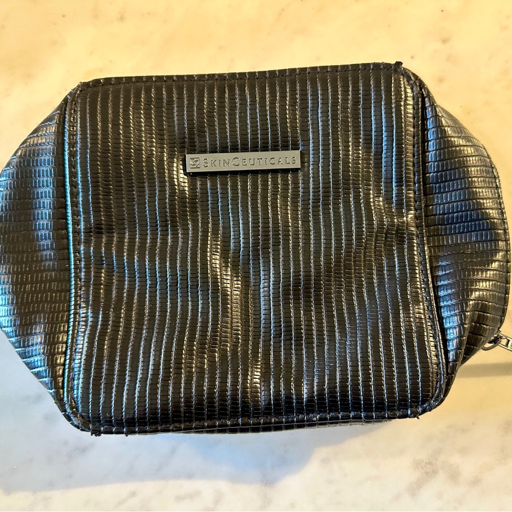 Skinceuticals black shiny makeup bag, black makeup bag, skinceuticals bag